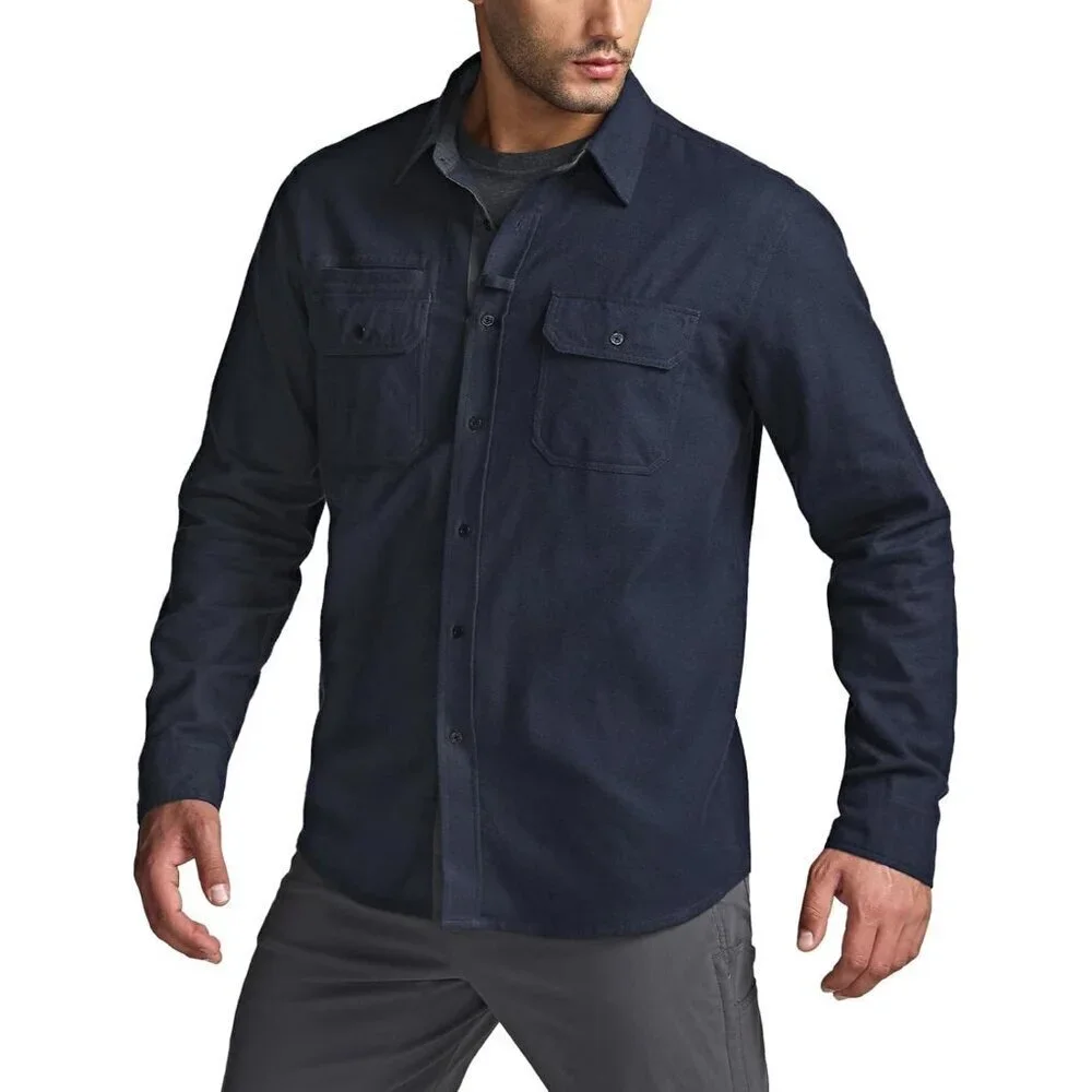 🆕Mens Solid Navy Cotton Flannel Shirt Long Sleeve Casual Outdoor Plaid